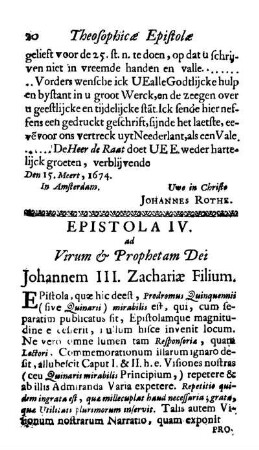 Epistola IV. ad Virum & Prophetam Dei Johannem III. Zachariæ Filium.