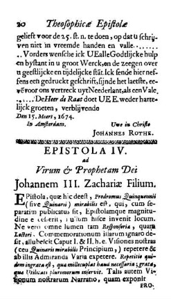 Epistola IV. ad Virum & Prophetam Dei Johannem III. Zachariæ Filium.