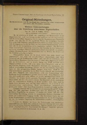 Weitere Untersuchungen über die Vererbung erworbener Eigenschaften.