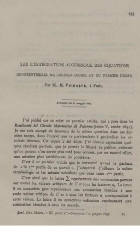Sur l´intégration algébrique des équations différentielles du premier ordre et du premier degré.