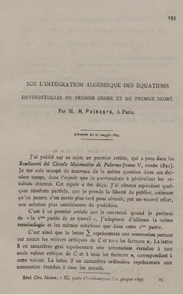Sur l´intégration algébrique des équations différentielles du premier ordre et du premier degré.