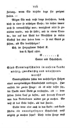 Sind Sonntagsschulen in unserm Lande nöthig, zweckmäßig und wünschenswerth?