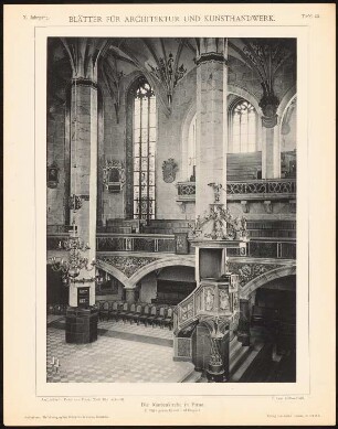 Marienkirche, Pirna: Innenansicht auf die Kanzel (aus: Blätter für Architektur und Kunsthandwerk, 10. Jg., 1897, Tafel 43)