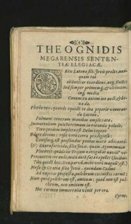 Theognidis Megarensis Sententiae Elegicae.