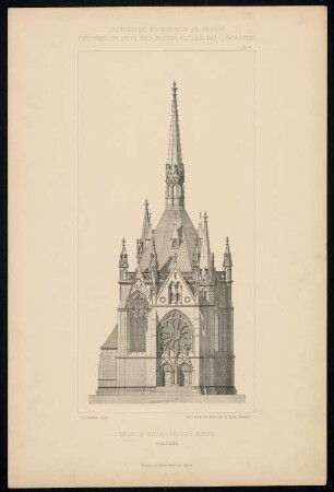 Kapelle mit polygonalem Schiff: Westseite (aus: C. Schäfer, Die Bauhütte, Entwürfe im Stile des Mittelalters, 1. Bd., 1883, Tafel 4)