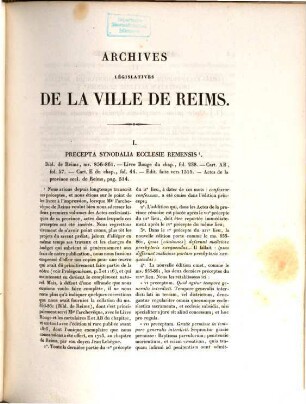 Archives législatives de la ville de Reims : Collection de pièces inédites pouvant servir a l'histoire des institutions dans l'intérieur de la cité. 2,1, Statuts ; 1