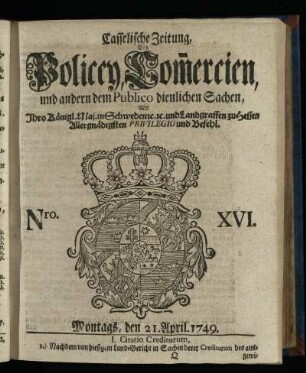 Nro. XVI, Montags, den 21. April 1749