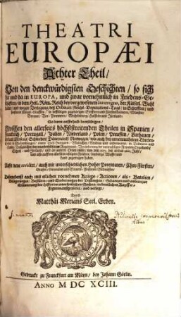 Theatri Europaei Achter Theil Von den denckwürdigsten Geschichten so sich hie und da in Europa, und zwar vornehmlich in FriedensGeschäfften in dem Heil. Röm. Reich bey vorgewesenem Interregno, der Käiserl. Wahl halber und wegen Verlegung deß Ordinari ReichsDeputationsTags in Schrifften und sonsten in KriegsLäufften in desselbigen zugehörigen Stifftern und Fürstenthümern Münster Bremen VorPommern Mechelnburg Holstein und Jüttland; So dann ausserhalb demselbigen Zwischen den allerseits höchststreitenden Theilen in Spanien Franckreich Portugall Italien Niederland Polen Preussen Litthauen ... von dem 1657. biß an das 1661. Jahr ... zugetragen haben
