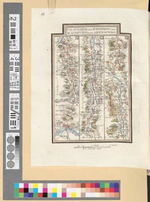 Reise Atlas von Bajern oder Geographisch-geometrische Darstellung aller bajrischen Haupt- und Landstraßen mit den daranliegenden Ortschaften und Gegenden : nebst Kurzer Beschreibungen alles dessen, was auf und an einer jeden der gezeichneten Straßen für den Reisenden merkwürdig seyn kann. [Gewidmet] Joseph August Grafen von Toerring. 49, Chaussée Von Freising Über Mainburg Nach Abensperg