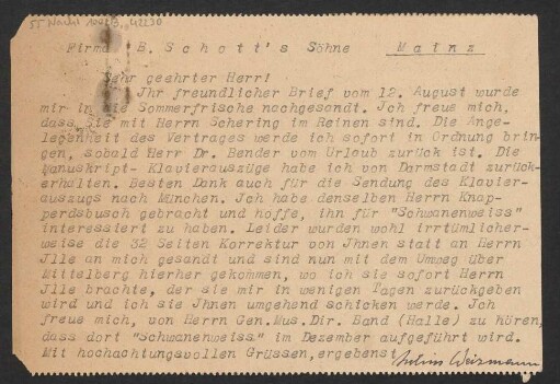 Brief an B. Schott's Söhne : 28.08.1924