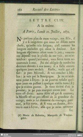 Lettre CLIV. A la même. A Paris, Lundi 11. Juillet, 1672