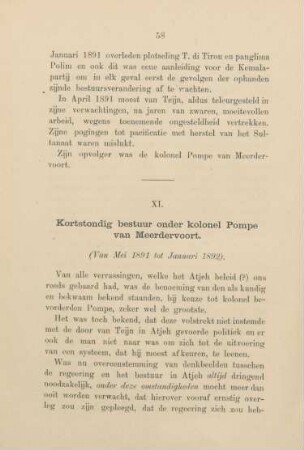 XI. Kortstondig bestuur onder kolonel Pompe van Meerdervoort (Van Mei 1891 tot Januari 1892)