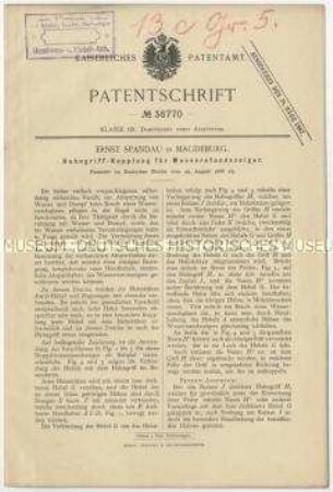 Patentschrift einer Hahngriff-Kupplung für Wasserstandzeiger, Patent-Nr. 38770