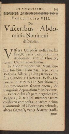 Exercitatio VIII. De Visceribus Abdominis, Nutritioni destinatis.