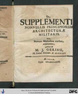 De Supplementis Nonnullis Principiorum Architecturae Militaris : Cum Novum Matheseos cursum auspicaretur
