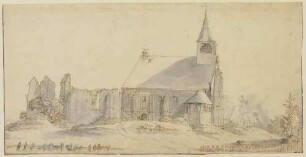 Dorfkirche Sloten mit Storchennest, der Chor zusammengebrochen