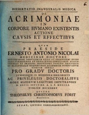 Diss. inaug. med. de acrimoniae in corpore humano existentis actione, causis et effectibus