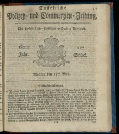 21tes Stueck, Montag den 18ten May 1801
