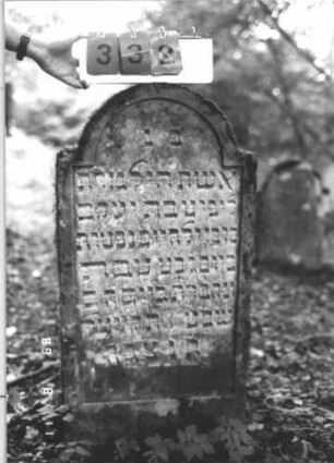 Grabstein 332 (Index: 99799761) Material: Sandstein Zustand: verwittert Maße HxBxT: 113x55x11 cm Beschreibung: Stele, eingezogener Rundbogenabschluß, Schriftfeld eingetieft, Sockel: Grabstein 332