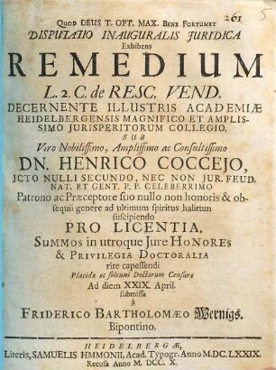 Disputatio Inauguralis Juridica Exhibens Remedium L. 2. C. de Resc. Vend.