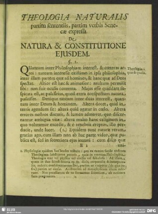 Theologica Naturalis partim sententiis, partim verbis Senecae expressa. De Natura & Constitutione Ejusdem