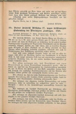 101. Patent Friedrich Wilhelms IV. wegen beschleunigter Einberufung des Vereinigten Landtages. 1848.