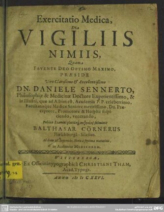 Exercitatio Medica, De Vigiliis Nimiis