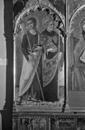Altaraufsatz: Madonna zwischen Heiligen — linke Tafel: die Heiligen Jakobus und Augustinus