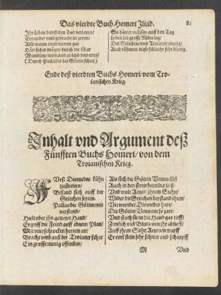 Inhalt und Argument deß Fünfften Buchs Homeri/ von dem Troianischen Krieg.