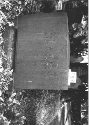 Grabstein 197 (Index: 100082100) Material: Granit Zustand: gut Maße HxBxT: 109x133x36 cm Beschreibung: Stele, breit, getreppter Sockel, obeliskenartiger Abschluß Steinmetz: Löffler: Grabstein 197