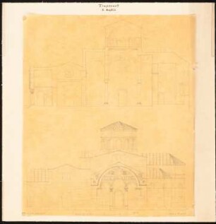 Hagia Sophia, Trapezunt: Seitenansicht, Längsschnitt, Maßstabsleiste (Feet) (Nach- oder Durchzeichnung nach Charles Texier und Richard P. Pullan, LXII.)