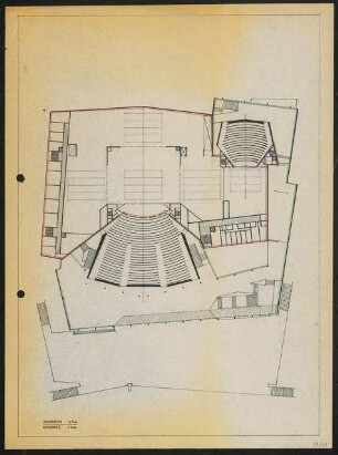 Düsseldorfer Schauspielhaus, Düsseldorf Wettbewerb: Detail Grundriss Bühnen- und Zuschauerhaus 1. OG 1:500