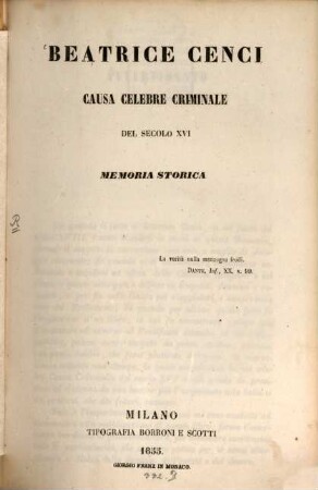 Beatrice Cenci caua̱ celebre criminale del secolo XVI Memoria storica