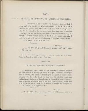 LXVII. Le duc de Mantoue à A. Manerbio. Mantoue, 30 septembre 1605