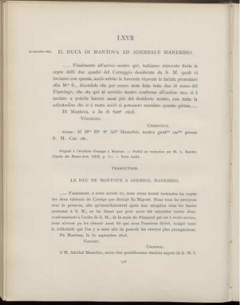 LXVII. Le duc de Mantoue à A. Manerbio. Mantoue, 30 septembre 1605