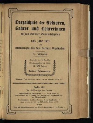 67: Verzeichnis der Rektoren, Lehrer und Lehrerinnen an den Berliner Gemeindeschulen - 67.1911