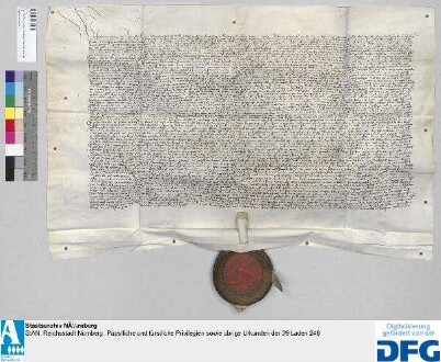 Der römische König Friedrich III. verschiebt die Entscheidung des Streits zwischen Markgraf Albrecht von Brandenburg einerseits und der Stadt Nürnberg andererseits wegen Rückgabe der Schlösser Lichtenau, Bruckberg, Uehlfeld und Lonnerstadt an die Stadt auf die namens des Markgrafen durch Peter Knorr, Propst zu Wetzlar, Hanns von Seckendorff genannt Abendar, Michael Jacobi, Dechant, und Wenzel Reynman, Chorherrn zu Ansbach, vorgebrachte Einrede, dass der Markgraf die ihm durch Heinrich Marschalkh von Pappenheim überantwortete kaiserliche Ladung um merklicher Gebrechen willen nicht für eine Ladung nach Laut der "Richtung" halte, auf den nächsten Freitag nach St. Johanns tag zur Sunnwenden. - Siegler: der Aussteller.