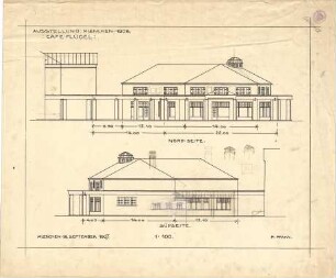 Pfann, Paul; München - Theresienhöhe; Ausstellung München 1908 - Cafe - Flügel, Nord - u. Südseite (Aufrisse)