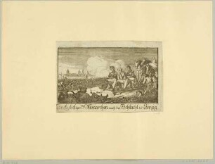 Gedenkblatt an den Sieg der Alliierten in der Völkerschlacht bei Leipzig am 18. Oktober 1813, die Regenten der Siegermächte beim Dankgebet, Ausschnitt aus einem Bilderbogen