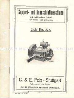 Support- und Handschleifmaschinen mit elektrischem Antrieb für Gleich- und Drehstrom. Liste No. 272.