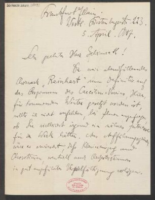 Brief an Ludwig Strecker  und B. Schott's Söhne : 05.04.1907