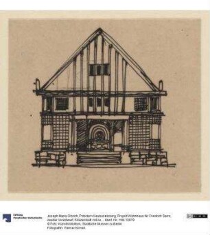 Potsdam Neubabelsberg, Projekt Wohnhaus für Friedrich Sarre, zweiter Vorentwurf, Skizzenblatt mit Aufriss der Hauptfassade