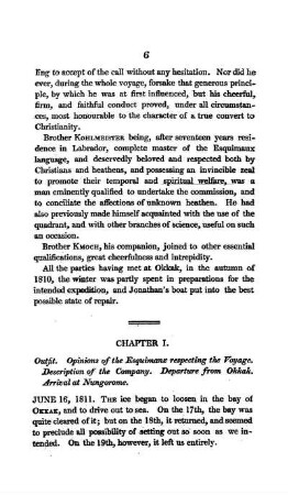 CHAPTER I. - Outfit. Opinions of the Esquimaux respecting the Voyage. Description of the Company. Departure from Okkak. Arrival at Nungorome.