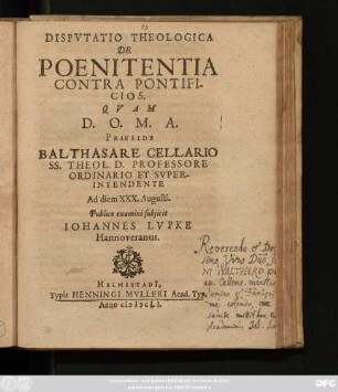 Disputatio Theologica De Poenitentia Contra Pontificios