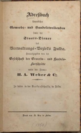 1850: Adressbuch sämtlicher Gewerbs- und Handelstreibenden sowie der Staats-Diener des Verwaltungs-Bezirks Fulda
