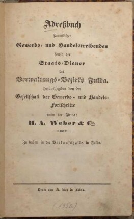 1850: Adressbuch sämtlicher Gewerbs- und Handelstreibenden sowie der Staats-Diener des Verwaltungs-Bezirks Fulda