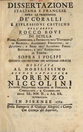 Dissertazione italiana francese sopra la produzione de Coralli