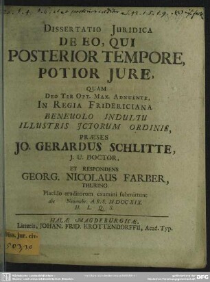Dissertatio Iuridica De Eo, Qui Posterior Tempore, Potior Iure