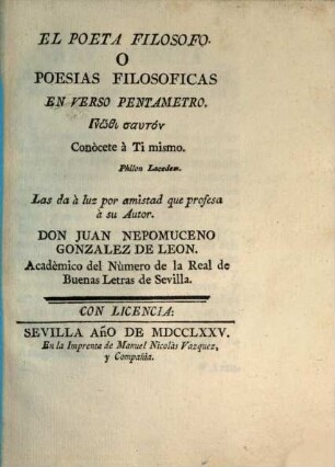 El Poeta Filosofo O Poesias Filosoficas En Verso Pentametro, [3]