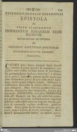 Fiderici Andreae Hallbaueri Epistola ad Virum Clarissimum Hermannum Iohannem Richmannum